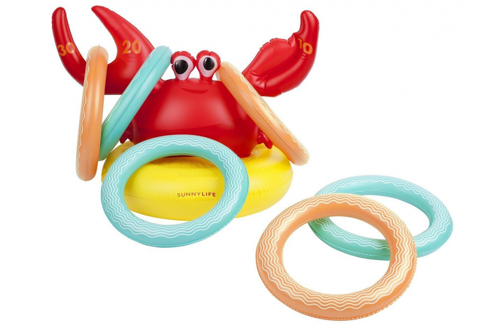 Sunnylife inflatable crab with rings tossed on its claws